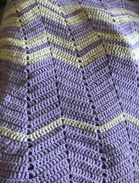 Chunky Chevron Crochet Afghan Throw Blanket Handmade Purple White 77”x52”
