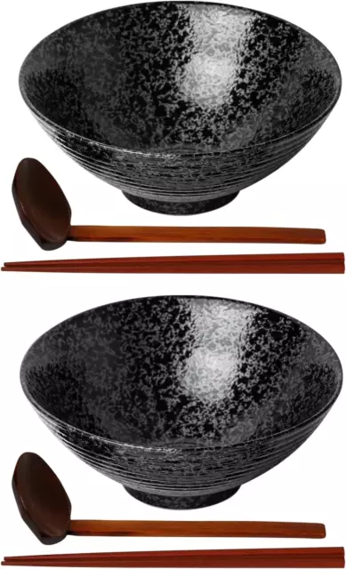 Ceramic Japanese Ramen Bowl Set, Noodle Soup Bowls - 37 Ounce, with Matching Spo