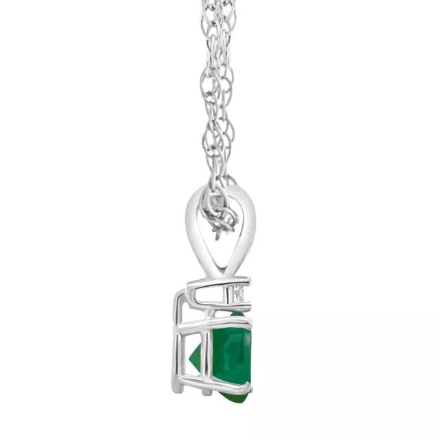 14K White Gold 5mm Round Genuine Natural Emerald Diamond Accent Pendant Necklace 3