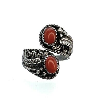 Old Pawn Sterling Silver & Coral Bypass Ring - Sz. 8.5