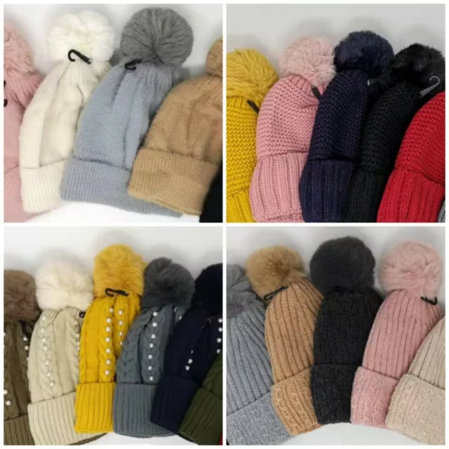 Wholesale Joblot Hats 12 Mix Colours Womens Knitted Warm Winter Bobble Fleeced