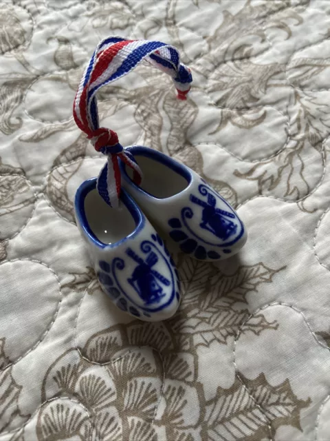 Vintage Delft Pottery Miniature Clogs Shoes Dutch Blue and White Windmill
