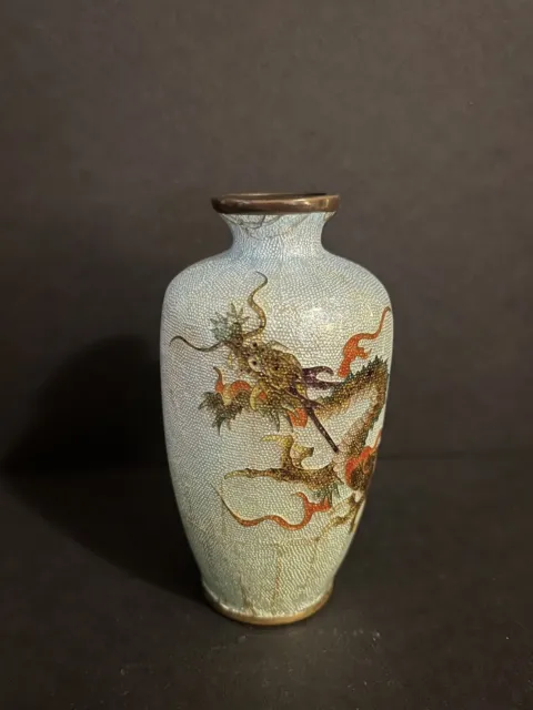 Miniature Antique Japanese Ginbari Cloisonné Vase With Dragon