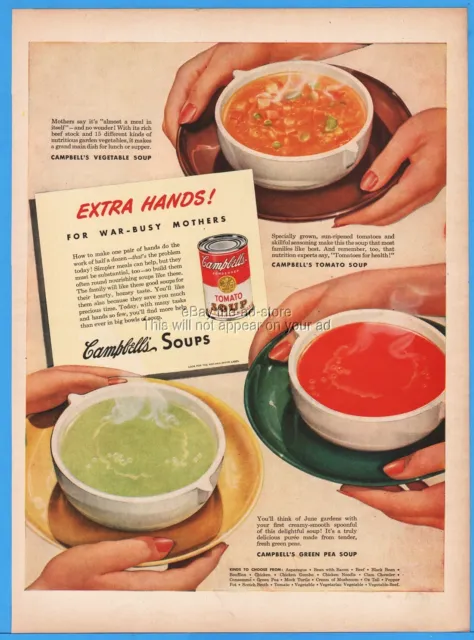 1944 Campbell's Vegetable Tomato Green Pea Soup War Bust Mother Kitchen Decor Ad
