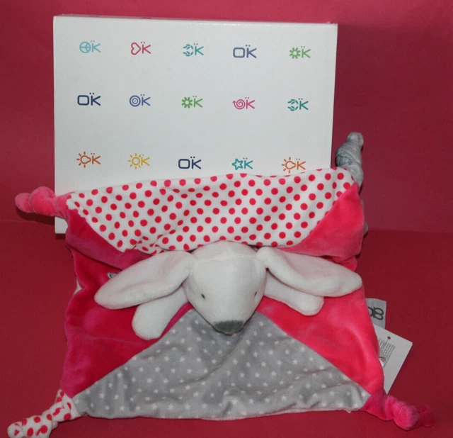 Obaibi Doudou Lapin Plat Blanc Rose Gris Etoiles Pois Neuf En Boite 3