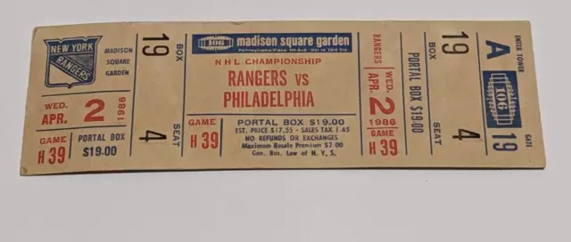 1986 New York Rangers vs Philadelphia Flyers MSG Ticket - Box 19 Seat 4 Game 39