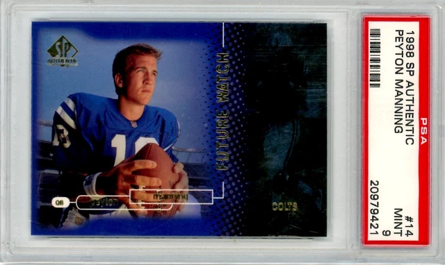 1998 SP Authentic PEYTON MANNING Colts HOF RC Rookie 1643/2000 Card # 14 PSA 9 1998 SP Authentic PEYTON MANNING Colts HOF RC Rookie 1643/2000 Card # 14 PSA 9