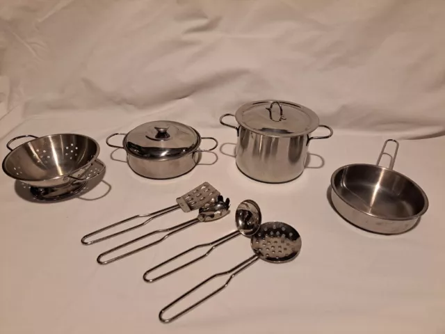 10 Piece Lot Child's Toy Metal Pots Pans  Utensils Play Set Kitchen Cookware