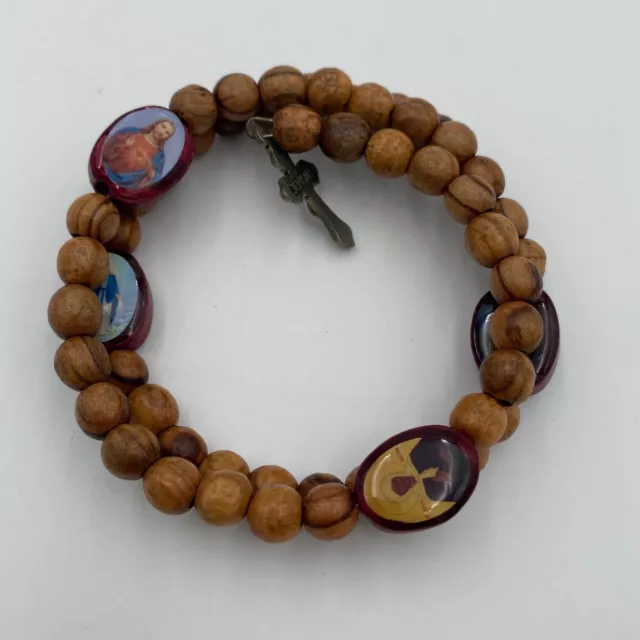 Wood Bead Rosary Bracelet Jerusalem Cross Holy Land Elastic Wire Mary Catholic