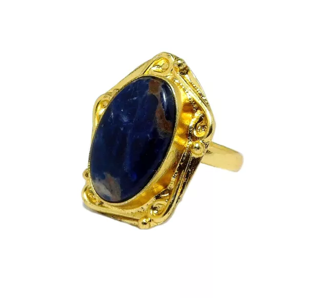 Sodalite Rings Gold Plated Handmade Glitter Ring Size-5.25 Rare Gemstone Jewelry