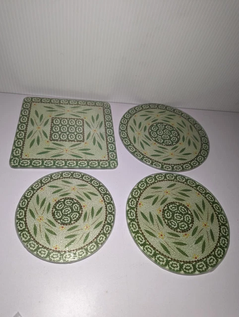 Juego de Vidrio Templado Redondo Temptations Tara Trivets Verde Viejo Mundo 4 piezas NUEVO Sellado