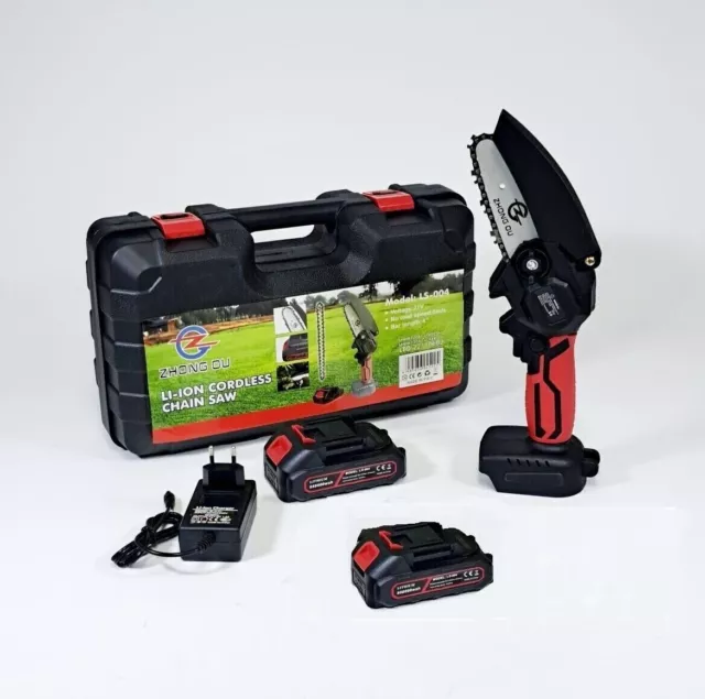 MINI MOTOSEGA DOPPIA BATTERIA 21V LITIO CATENA ACCIAIO 5m/s SET VALIGETTA