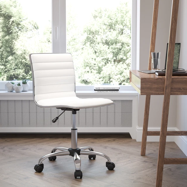 Low Back Designer Armless White Ribbed Swivel Task Office Chair - Home Office