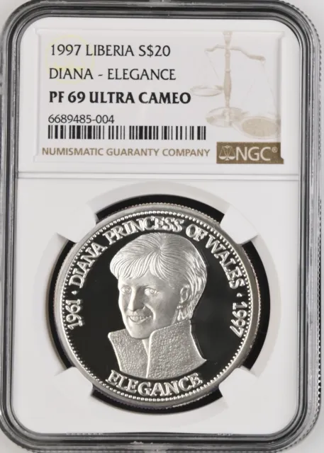 1997 Liberia Silver 20 Dollars Diana - Elegance - Ngc Pf 69 Ultra Cameo