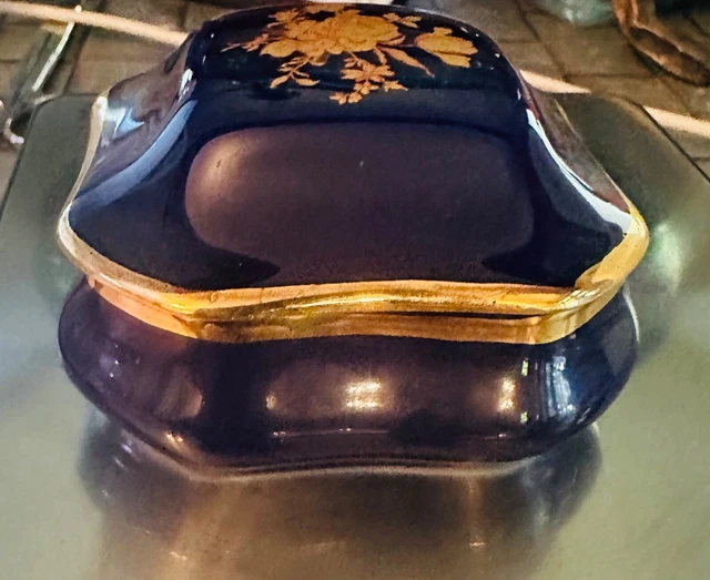 Vintage Limoges France Porcelain Cobalt Blue Trinket Box, Victorian 22k Gold