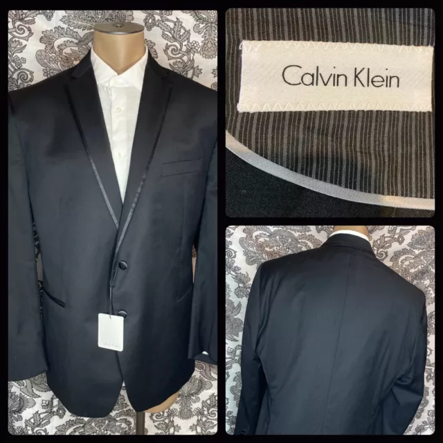 New Men's Black Calvin Klein Tuxedo Jacket Two Button Satin Trim Lapels 48R