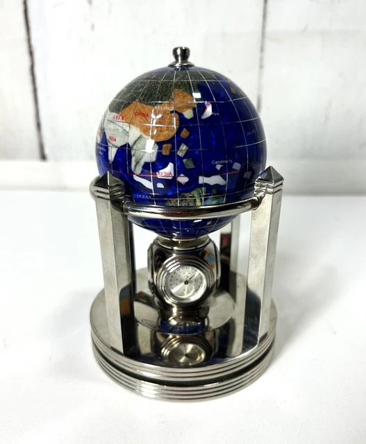 Raro Reloj De Cuarzo Globo Mundial De Piedra Preciosa Azul Giratorio Madre Perla 6""T X 4""D