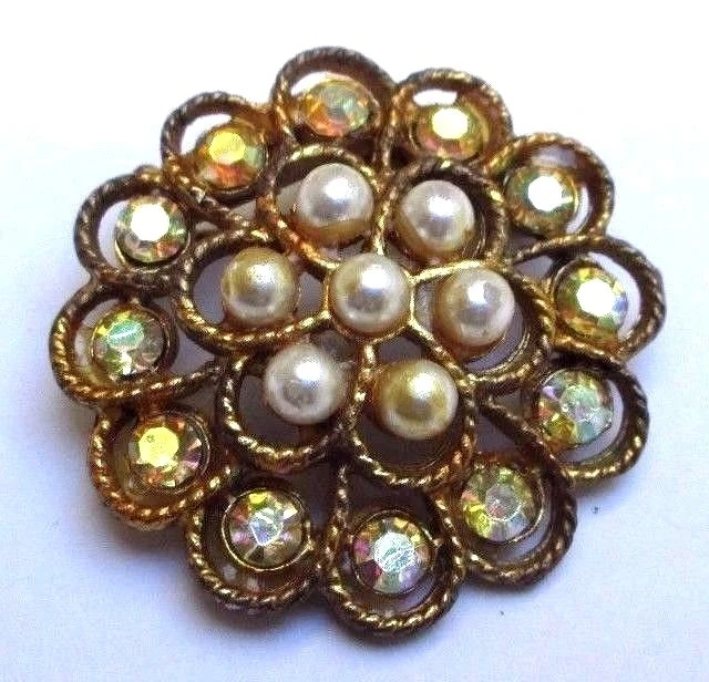 Broche Vintage Feuille Cristaux Et Perle Blanche - Bijou Fantaisie Doré Ancien - état Impeccable