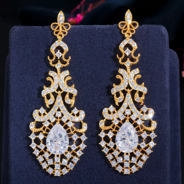 White Cubic Zirconia Long Drop 925 Sterling Silver Earrings Gold Plated Jewelry