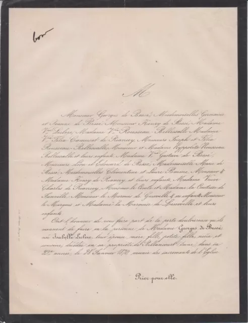 1870 Faire-part décès Mme Georges de BESSÉ née Isabelle LECLERC - Billancourt.