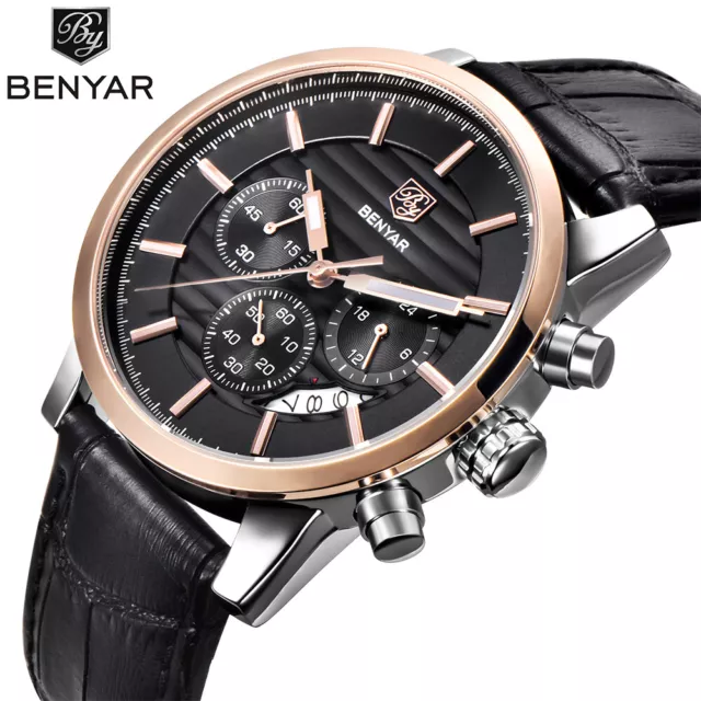 BENYAR Men Date Luxury Leather Band 3ATM Military Sport Quartz Wrist Watch Gift