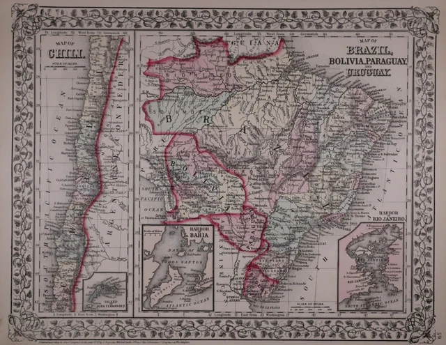 Authentic 1878 Mitchell's Atlas Map ~ BRAZIL, CHILI, BOLIVIA ~ FreeS&H