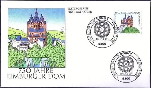 BRD 1985: Limburger Dom! FDC der Nr 1250 mit Bonner Ersttags-Sonderstempeln! 157