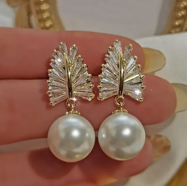 4.50Ct Round Cut Genuine White Pearl Drop/Dangle Earrings 14K Yellow Gold Plated