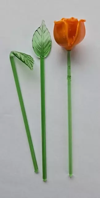 Lot of 3 Vintage Hand Blown Art Glass Short Stem Orange Rose leaves 5"