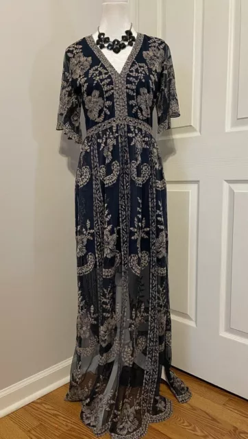 Wild Honey Embroidered Maxi Dress Womens Size M Blue Gold Illusion Mesh Lace S/S