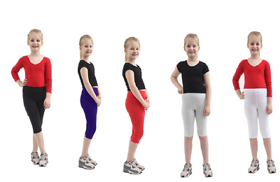 Girls Children Cropped Cotton Leggings 3/4 Length Capri Black Red White Age 1-13