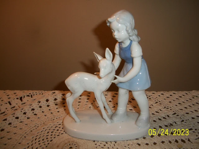 Golden Crown E&R Germany Gerold Porzellan Bavaria Girl with Fawn Deer Figurine
