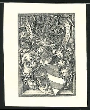 Exlibris von C.A. Becker für Freiherr Simon Moritz von Bethmann, Wappen mit Rit