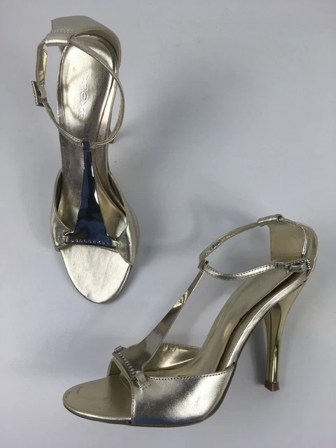 Womens Next Metallic Gold Diamante Embellished T-Bar High Heel Sandals Uk 4 Eu37