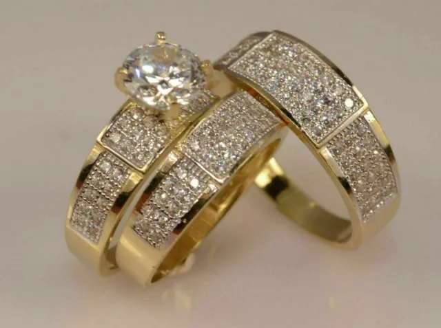 Round Cut Lab-Created Diamond His & Her Trio Ring Set 14K Yellow Gold Plated 3CT