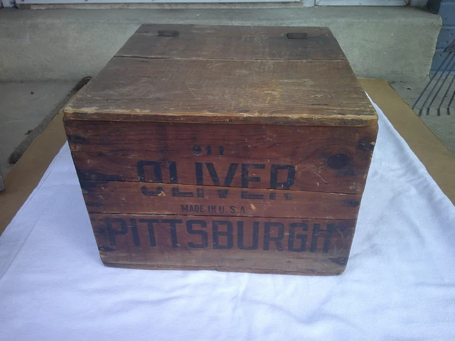 Vintage Primitive Antique Wood Crate Box Advertising 911 Oliver Pittsburgh w/Lid