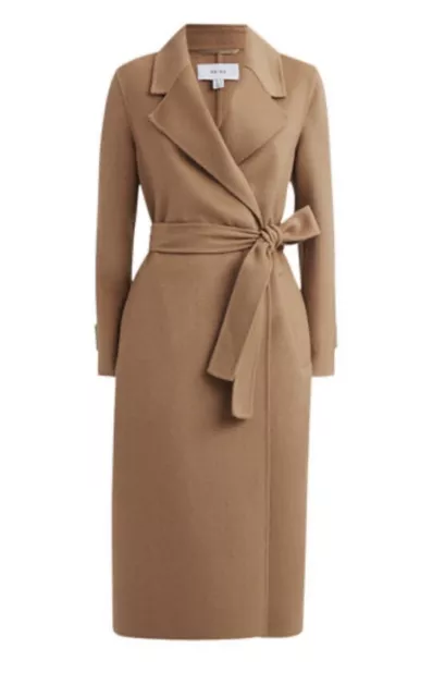 REISS WOOL / CASHMERE Belted Blindseam Coat SIZE 10, CAMEL