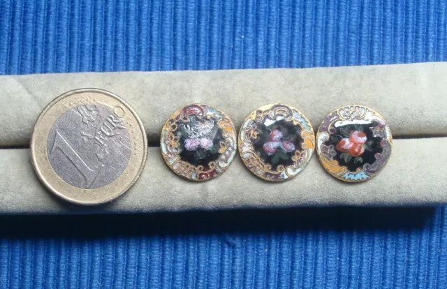 B28 Lot 3 Bouton Ancien  Métal Doré Emaillé Cloisonné XIXe
