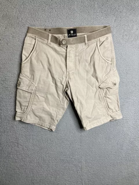 Jet Lag Mens Button Fly Cargo Shorts Size 33 Beige Belted Waist 100% Cotton