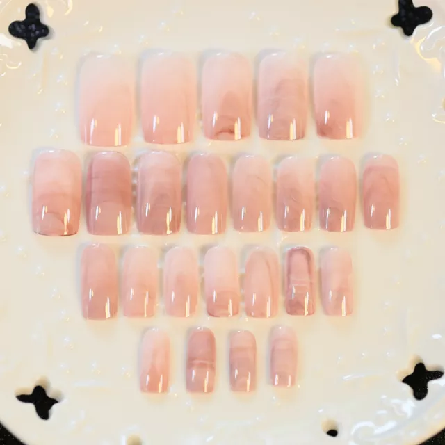 24 PCS Smooth Marble False Nails Long Square Full Designed Nail Acrylic Nail Set 3