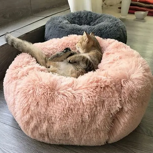 Donut Plush Pet Dog Cat Bed Fluffy Soft Warm Calming Fur Sleeping Kennel Nest US 3