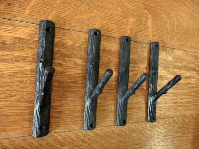 4 Brown 7.5" Tall Tree Trunk Branch Twig Single Wall Hooks Rustic Cast Iron