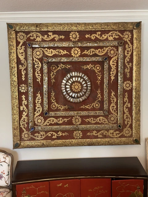 19th Century Gilt Red & Mirrored Mosaic Burmese Temple Ceiling Wood Panel