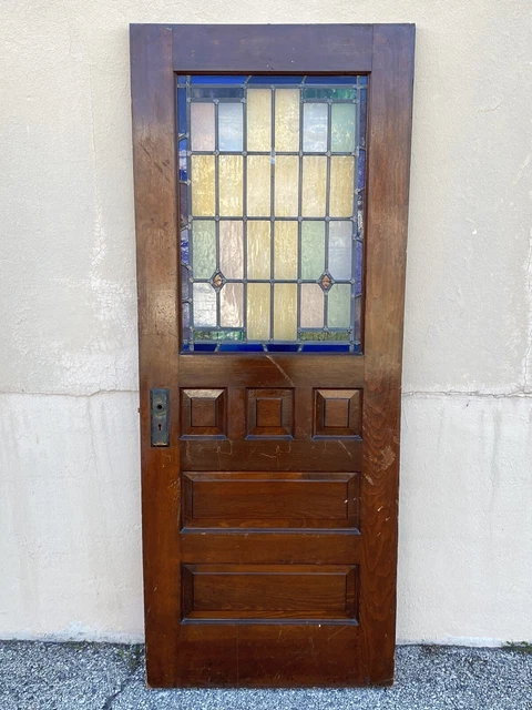 Art Deco Leaded Stained Glass Wooden House Front Door Pink Blue Yellow Green