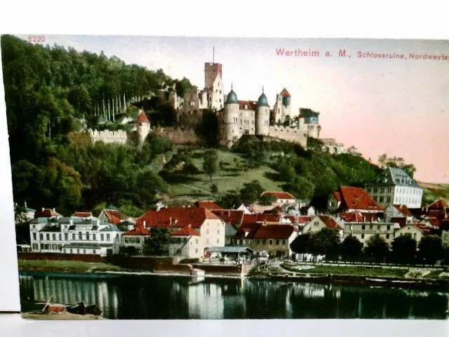 Wertheim am Main. Schlossruine - Nordwestseite. Alte AK farbig. Blick über den M