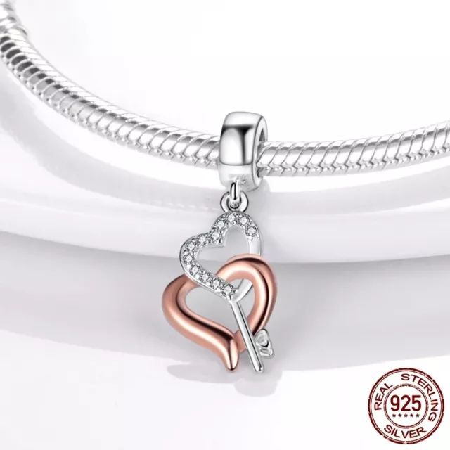 Authentic 100% 925 Sterling Silver Key Heart Charm - CZ Bracelet Bead