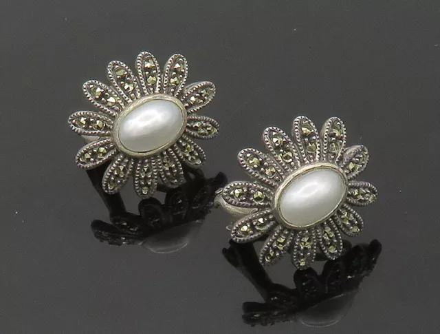 JUDITH JACK 925 Silver - Vintage Pearl & Marcasite Flower Drop Earrings- EG10460