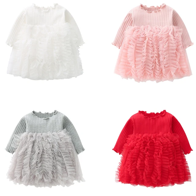 Baby Girls One-piece Romper Long Sleeves Crochet Bodice Mesh Dress Jumpsuit
