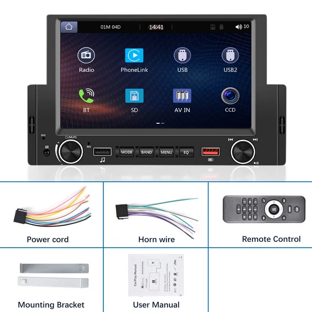 6.2" Carplay 1 Din Car Stereo Radio USB AUX MP5 Video with Bluetooth Mirror Link