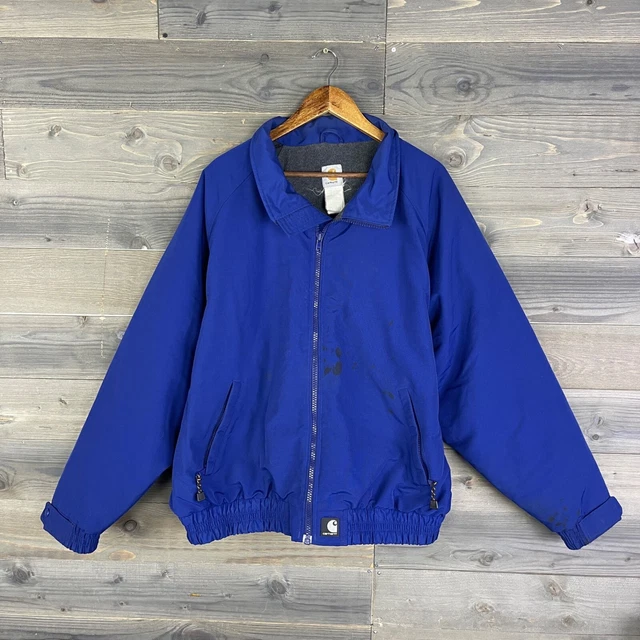 Vintage 90s Carhartt Mens Blue Fleece Lined Full Zip Distressed Nylon Jacket 2XL